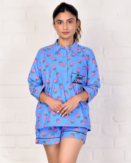 Sweet Strawberry Shorts Set-Blue